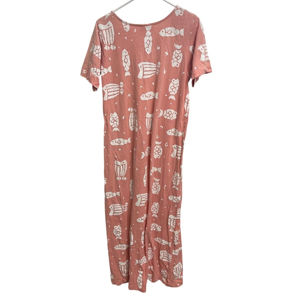 Vintage 90s Fish Print Maxi Dress Pink Coastal Beachy Vacation Resort Wear Small - Picture 2 of 4